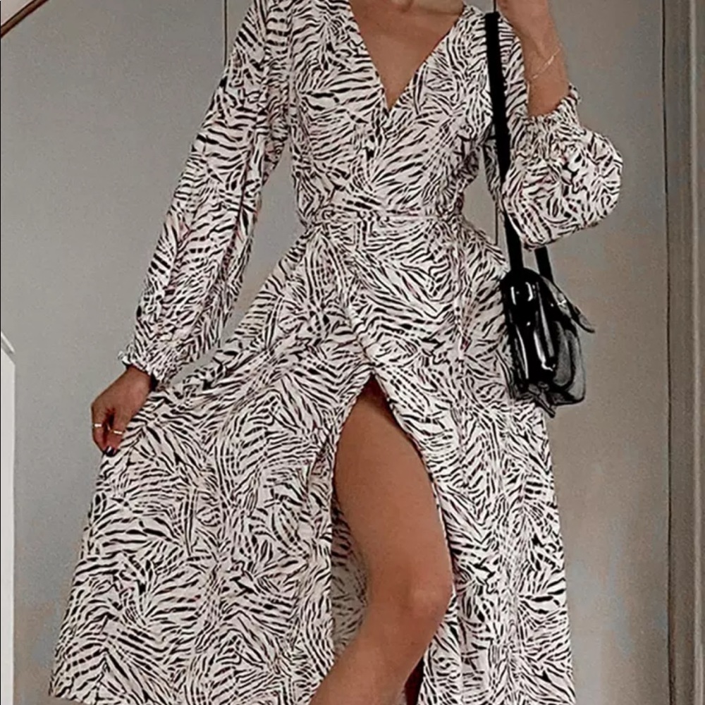 NEW Midi wrap dress zebra printed casual boho style belt slit maxi L;XL